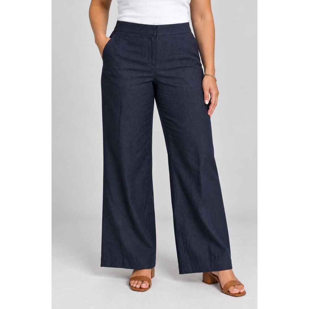 Nine West Neo Classic Pants Women’s 14 Navy Linen Blend Wide Leg Trouser 29”